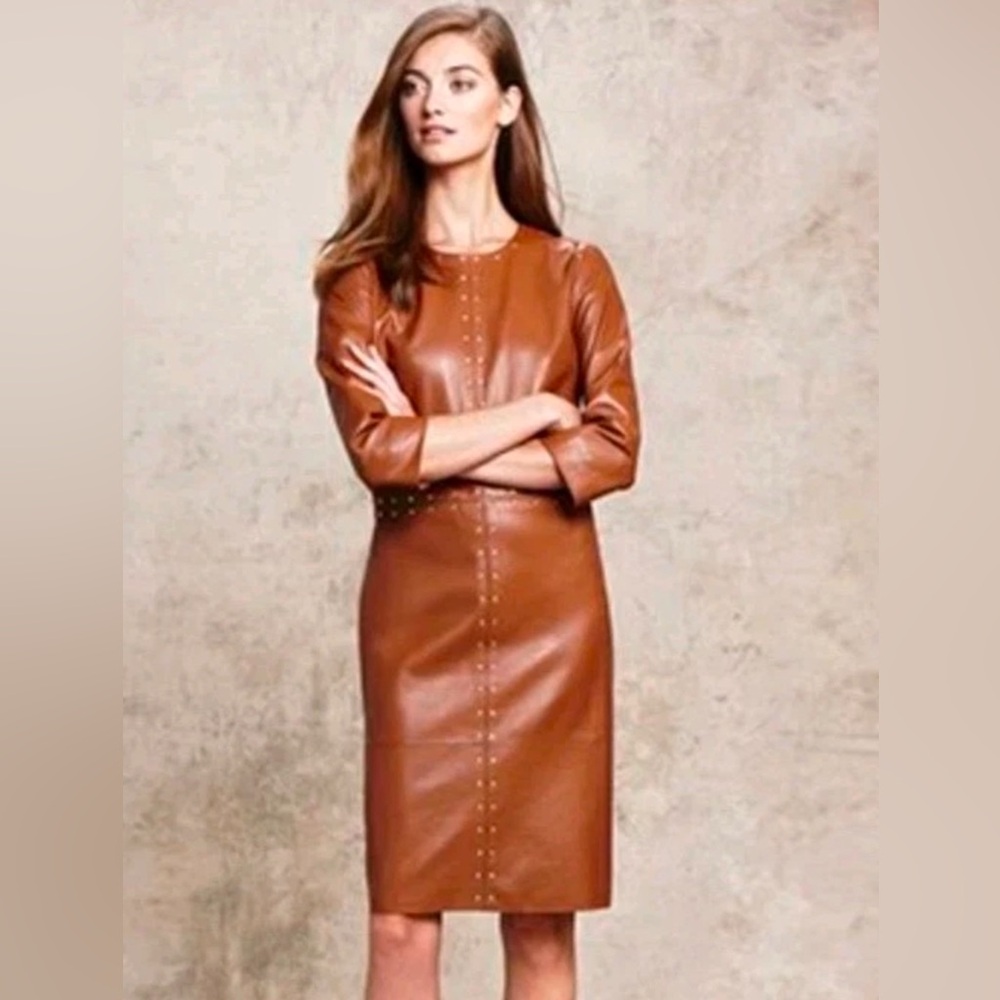 WORTH Leather Studded Sheath Dress Old Money 2